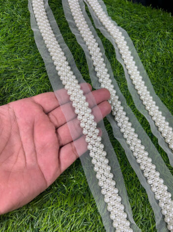 Pearl Trim | Pearl Beads Lace Trim | Pearl Sewing Lace | Bead Work Handmade Lace ? 9 Meters, 0.5-Inch Width | Design 2