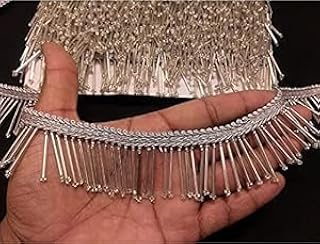 ANIDA LACE Tassels Latkan Hanging Laces Heavy Pipe Border for Dresses Design Laces, Gotta Patti, lace Beaded 9 Meter (Silver)