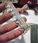 LACESNMORE Small Tilak Shape Silver Mirror Work lace, Mirror lace Handwork Border for Craft n Decorating Fabrics (Water Golden Silver)