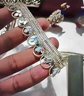 LACESNMORE Small Tilak Shape Silver Mirror Work lace, Mirror lace Handwork Border for Craft n Decorating Fabrics (Water Golden Silver)