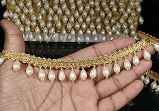 ANIDA Indian Gold and White Beaded Tassels Lace Trim for Dress Embellishments for Crafting, Sewing and Cloth Accessories 9Meter (Pack of 1)