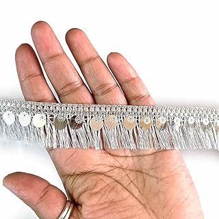 Adikala Silk or Zari Thread Fringe Sequin Lace & Border, 9 Meters, for Saree, Dupatta, Lehenga, Suit, Blouse, DIY & Home Furnishing, Crafting DIY 9 Mtrs Aprox (Silver)