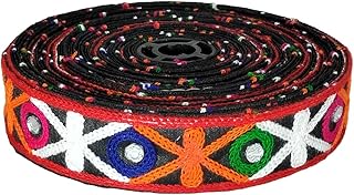 Kurlz 1.25 inch Kutch Embroidery Multi Color Diamond Ari Work Mirror Border for Gujarati Dress, Navratari Garba Costume, Chaniya Choli | Size: 9 Yards