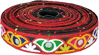 Kurlz 1 inch Exclusive Black Gujarati/Kutch Embroidery Multi Color Ari Work with Mirror Border for Chaniya Choli, Navratri Dress, Saree, Dupatta | Size: 9 Yards