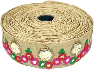 WOVEN LACE & BORDER 2 inch Heavy Silk Gota Patti with Multy Thread Embroidery Lace for Saree, Lehenga, Dupatta, Suits, Laddo Gopal Poshak, DIY Art | 9 Yards (Beige/Chiku)