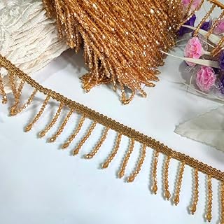ANIDA Gold Glass Crystals Suspended Beaded Trim, Indian Beaded Lace, Lace for Lampshade, Garments, DIY Sewing Lace 3meter (Gold Colour)