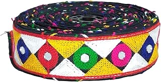 WOVEN LACE & BORDER 1.50 inch Exclusive Black Gamthi/Kutch Embroidery Multy Color Ari Work Diamond Mirror Border for Garba/Navratri Dress | Size: 9 Yards