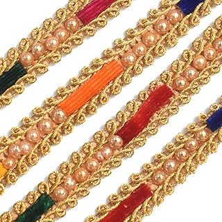 Embroiderymaterial Golden Boho Zari Trim Lace with Pearls & Different Color Strips Lace & Borders Material for Saree Border, Kurta, Dupatta, Blouse, Gown, Lehenga & Neckline (18 Meters, 1CM Wide)