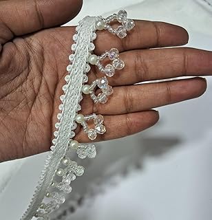 Aerene lace, Silver moti Crytal White Pearl Star lace (8.5 Mtrs.) Trims Used for Suits, Dresses, Embroidery, Crafts, Curtains, Home Decor, Sewing