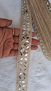 Decorative Mirror Work Lace Trim, Mirror with Gold Embroidery, 8.5 m x 1.9 cm, Traditional Design