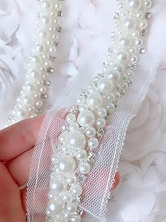 UNGROL Dream Billions Pearl Beaded Trim With Rhinestones Hand Embroidered Lace Sewing Applique Patches (1 Pc) Trims And Laces 50 Cm