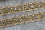 Golden Stone Lace Trim | Gold Mesh Border with Stones & Mirror and Pearl| Designer Embellishment for Blouses, Sarees, Lehengas & DIY Craft Projects| 9 Meter| 0.5 inch (1.27cm)
