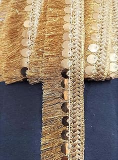 Zari-2 Tassel Fringe Sequence Lace Border for Dresse, Saree, Lehenga, Dupatta, Bag, Craft and Decorations (Gold)