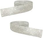 Pack of 2 (Length: 1.25 Mtr Roll, Width: 2cm) Silver Metal Zarkan 6-Line Nug Stone Gota Patti Trim Lace Border Embroidery Craft Material for Suits, Sarees, Lehengas, Dresses Designing