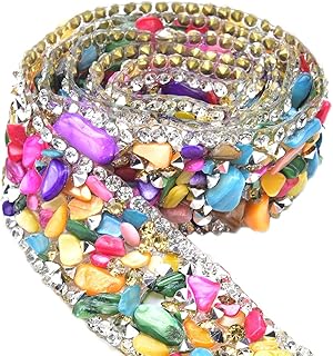 Crystal Rhinestone Trim Hotfix Ribbon Colorful Artificial Gem Stone Beaded Iron On Applique Chain Embellishment Sewing Accessories by for DIY Wedding Bridal Dress Shoes Decor (Colorful, 2cm Width)