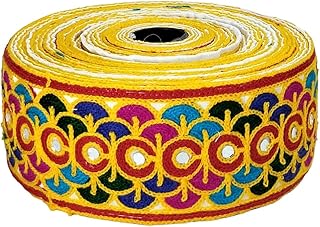 WOVEN LACE & BORDER 2.50 inch Exclusive Off-White Gamthi/Kutch Embroidery Multy Color Ari Work Floral Mirror Border for Garba/Navratri Dress | Size: 9 Yards