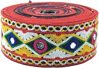 WOVEN LACE & BORDER 2.25 inch Exclusive Black Gamthi/Kutch Embroidery Multy Color Ari Work Diamond Mirror Border for Garba/Navratri Dress | Size: 9 Yards