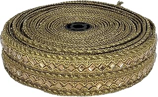 WOVEN LACE & BORDER 2 inch Matt Golden Fancy Dori Crochet Border for DIY Bags, Belts, Dress, Sarees, Lehenga, Dupatta, Navratri Dress, Folk Dresses | Size: 9 Yards - Hand Work (Mirror)