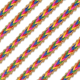 EmbroideryMaterial 1CM Wide Colorful Braided Threads with Golden Zari Laces and Borders Material for Suits, Sarees, Lehenga, Dupatta, Craft, Sewing, Blouse, Designing (2 Rolls, 16 Meters/Roll)