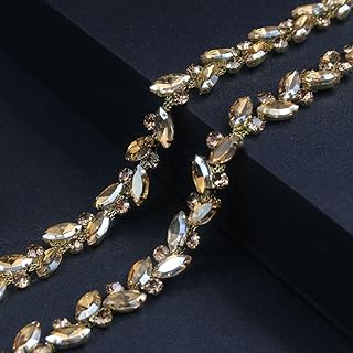 1 Yard Rhinestone Trim Chain Gold Yellow String Strips Crystal Applique Fringe Ribbon Beads Sewing for Dress DIY Party Wedding Bouquet Decoration Bridal Costume Embellishment