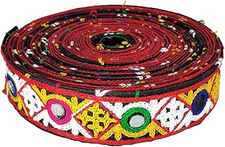 Kurlz 1.25 inch Exclusive Kutch Embroidery Multi Color Checks & Polka with Mirror Ari Work Border for Chaniya Choli, Handicrafts | Size: 9 Yards