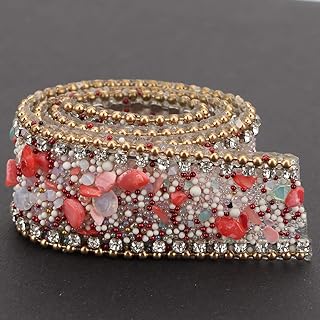 Ubersweet? Can Be Cut Crystal Chain Trim, 2.5cm Beautiful Sparkling Ribbon, Wedding Dress for Dress Accessories Decoration Bracelet Necklace(Red Stone + Gold Bead Diamond Chain) |||