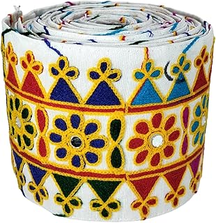 WOVEN LACE & BORDER 4.75 inch Exclusive White Gamthi, Kutch Embroidery Ari Work Triangle, Floral Mirror Border for Garba, Navratri Dress, Lehenga | Size: 9 Yards