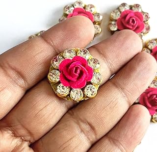 Adikala 1 Inch Size Rhinestone Kundan with Velvet Rose Patch for Laddu Gopal Dress, Goddess Dress, Saree Designer Blouse, Suit, DIY Art & Crafts Pack of 20 (Rani)