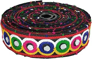 WOVEN LACE & BORDER 1.50 inch Exclusive Black Gamthi/Kutch Embroidery Multy Color Ari Work Round/Polka Mirror Border for Garba/Navratri Dress | Size: 9 Yards