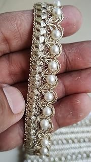 Decorative Pearl and Gold Zari Lace Trim, 9 Metres, White and Gold, for Saree Suit Lehenga
