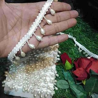 LACESNMORE Hanging lace Half White Ivory Beads with Drop Tear Design Pearl Multi Purpose latkan Ribbon use Blouse Dresses Western Crafting DIY (Cream, 4meter)