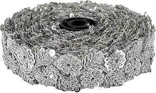 WOVEN LACE & BORDER 1.25 inch Sequins & Zari Floral Zardosi Embroidery Lace for Lehenga, Dupatta, Western Dresses | Size: 9 Yards - Silver (K-305885)