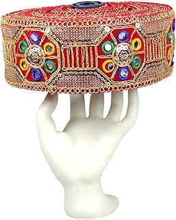 Woven Lace 2.75 inch Red Velvet Multy Thread Sequins Embroidery with Mirror Handwork for Ehtnic Saree, Dress, Lehenga, Handicraft, Sherwani Stoles, Footwear | Size: 9 Yards