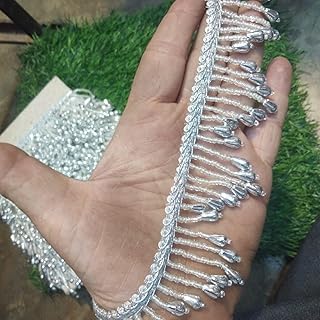 DIVARA Zig Zag Hanging Lace with Beautiful Design, Pack of 4meter Width-50mm Fashion Beads Tassels Embroidery Trimming for Handbags, Purses, Scarves, Necklaces, Earrings, Bracelets and More (Silver)