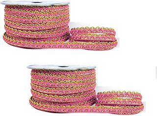Pack of 2 (8mm X 18 Mtr) Pink & Golden M:9460 Gota Patti Trim Lace Border for Saree, Suit, Dupatta, Lehenga, Blouse, Dress Designing, Embellishment, Outlining, Craftworks & Decoration