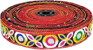 WOVEN LACE & BORDER 1 inch Kutch Embroidery Multy Color Floral & Polka with Mirror Ari Work Border for Chaniya Choli, Clutches, Sling Bag, Handicraft| Size: 9 Yards