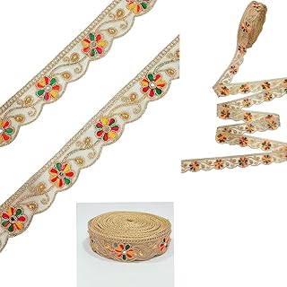 Chahat Laces Borders Material Flower Cutwork Design Lace for Sarees Heavy Zari Work Trim Lace Border for Saree, Kurti, Dresses, Duptaa, Lehenga.Stone Mirror Work,9 Meter, (Multi)