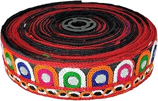 WOVEN LACE & BORDER 1.25 inch Exclusive Black Gamthi/Kutch Embroidery Multy Color Ari Work Pankhi Mirror Border for Garba/Navratri Dress | Size: 9 Yards
