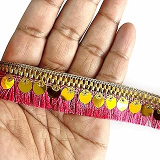 Craft Shop India Silk or Zari Thread Tassel Fringe Sequenced Lace & Border, 9 Meters, for Saree, Dupatta, Lehenga, Suit, Blouse & Home Furnishing, Crafting DIY (Rani Pink)