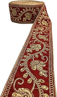 HEMDEV Surat Embroidery Supreme Quality Bridal Velvet Lace Border with Stones for Bridal Dupatta, Lahenga, Saree, Suits, Blouse, Dress and DIY Craft Decoration (Pack of 9 Meters) (Red)