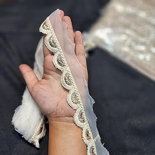 Mohan Shoppe Off White Cutwork Lucknowi Dyeable Laces with Gold Work for Suits Kurties Bags Dresses Dupatta etc. Pack of 1 roll 9 Meters Approx.