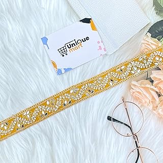 Yellow Lace Border, Stone Work Lace, Yellow Lace for Saree, Mirror Work Lace, Blouse Lace Design, Bridal Dupatta Lace, Handwork Lace Design, Yellow Color Lace (Yellow/9Meter)