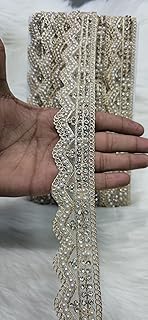 Decorative Pearl and Crystal Trim Lace, Cream Embellished Border, Wedding Dress Sari Crafts 9 Meter