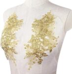 BETITETO 1 Pairs Flower Embroidery Lace Applique White Car Bone Floral Embroidered Sew on Patches for Wedding Dress Gown Bodice Costume Clothing Craft DIY (Gold)