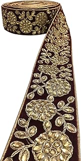 HEMDEV Surat Embroidery Supreme Quality Bridal Velvet Flower Lace Border with Stones and Golden Piping for Bridal Dupatta, Lahenga, Saree, Suits, Blouse, Dress(Pack of 9 Meters) (Maroon)