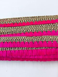 ALINA IMPAX Hot Pink and Golden Color Lace Gota Patti | Pink Colored Tassel Lace Machine Made Embroidery Lace Border | Zari & Resham Thread Laces Gota Border for Dresses, Crafts, Home D�cor (9 Mtr)