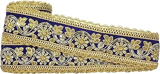 CWG0044 (9 Mtr) Roll of Blue and Golden Floral Design Zari Gota Patti Embroidery Trim Lace Border with 5.08 cm Width for Saree,Suit,Dresses Embellishment,Fashion Designing,craftworks