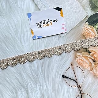 Anmol Gold Stone Lace, Golden Handwork Lace, Blouse Lace Design, Golden Lace for Saree, Pearl Work Lace, Mirror Work Lace, Bridal Dupatta Lace (AnmolGold/9Meter)