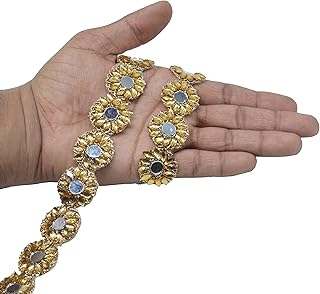 Goelx Cutwork Kundan Flower Mirror Lace Border 9 Meters Width 2.5 cm for Sarees Lehenga Dupatta Blouse and Decorations (Golden)