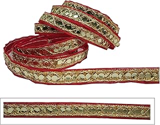 CWG0085 (9 Mtr) Roll of Red and Golden Unique Pattern Gota Patti Embroidery Trim Lace Border with1.27 cm Width for Saree,Suit,Dresses Embellishment,Fashion Designing,craftworks